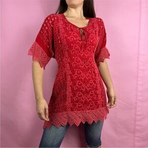 JOHNNY WAS Red Eyelet tunic top Tie back sz S crochet lace trim Boho